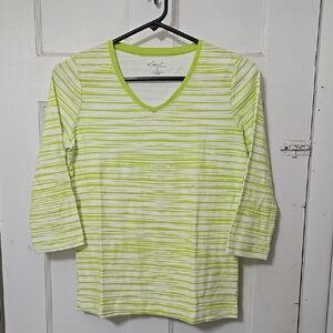 KIM ROGERS LADIES WOMENS LIME GREEN WHITE STRIPE PATTERN 3/4 SLEEVE SIZE SMALL
